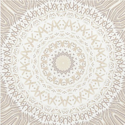A framed square artwork featuring a detailed mandala design in neutral tones. The intricate pattern consists of concentric circles with geometric shapes like 'X's and chevrons, rendered in shades of beige and taupe on a white background, all enclosed in a light-colored wooden frame. Decor
