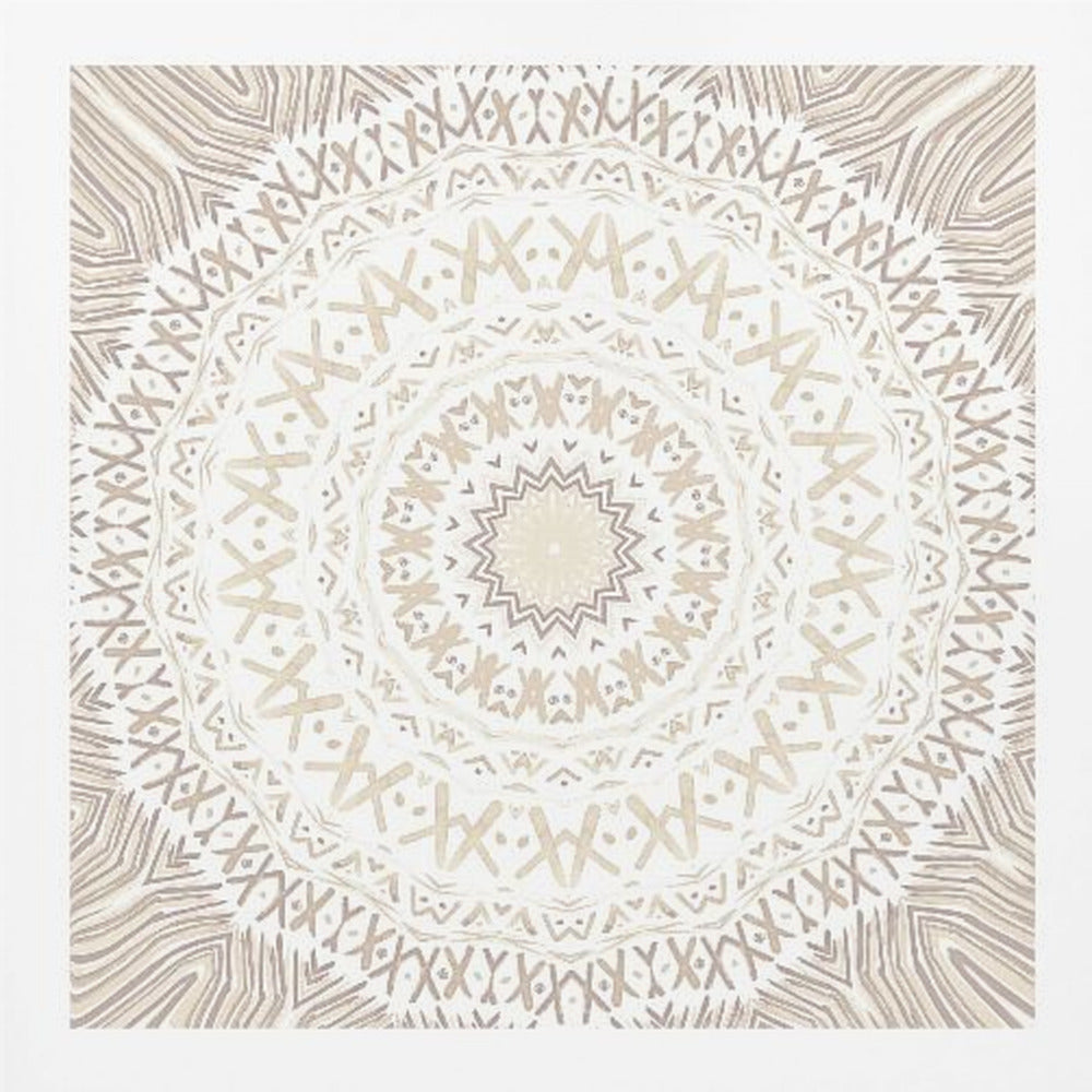 A framed square artwork featuring a detailed mandala design in neutral tones. The intricate pattern consists of concentric circles with geometric shapes like 'X's and chevrons, rendered in shades of beige and taupe on a white background, all enclosed in a light-colored wooden frame. Decor