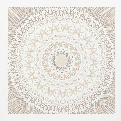 A framed square artwork featuring a detailed mandala design in neutral tones. The intricate pattern consists of concentric circles with geometric shapes like 'X's and chevrons, rendered in shades of beige and taupe on a white background, all enclosed in a light-colored wooden frame. Decor