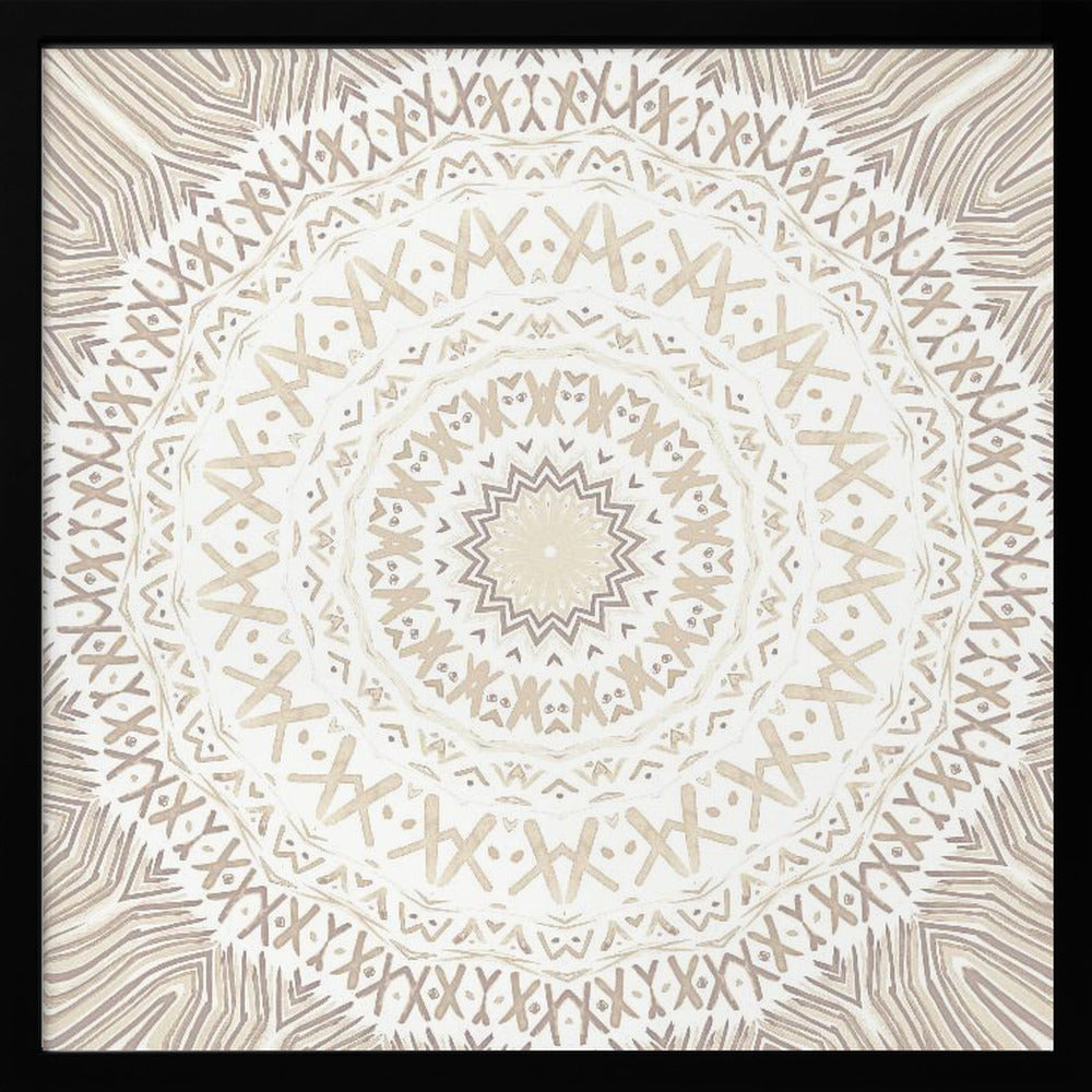 A framed square artwork featuring a detailed mandala design in neutral tones. The intricate pattern consists of concentric circles with geometric shapes like 'X's and chevrons, rendered in shades of beige and taupe on a white background, all enclosed in a light-colored wooden frame. Decor