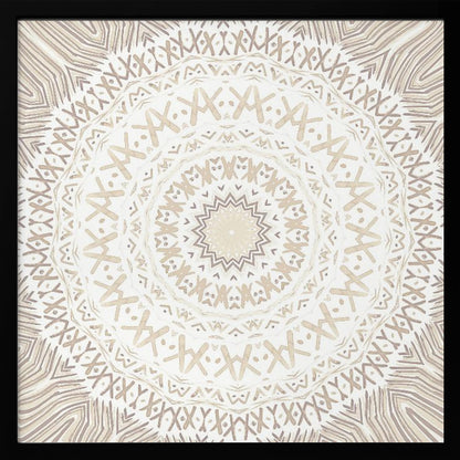 A framed square artwork featuring a detailed mandala design in neutral tones. The intricate pattern consists of concentric circles with geometric shapes like 'X's and chevrons, rendered in shades of beige and taupe on a white background, all enclosed in a light-colored wooden frame. Decor