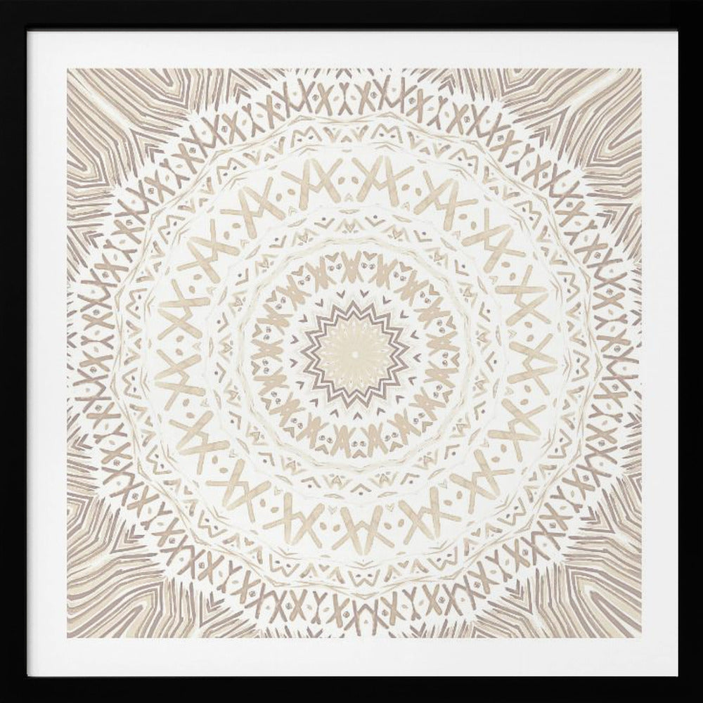 A framed square artwork featuring a detailed mandala design in neutral tones. The intricate pattern consists of concentric circles with geometric shapes like 'X's and chevrons, rendered in shades of beige and taupe on a white background, all enclosed in a light-colored wooden frame. Decor