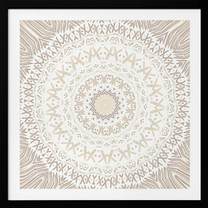 A framed square artwork featuring a detailed mandala design in neutral tones. The intricate pattern consists of concentric circles with geometric shapes like 'X's and chevrons, rendered in shades of beige and taupe on a white background, all enclosed in a light-colored wooden frame. Decor