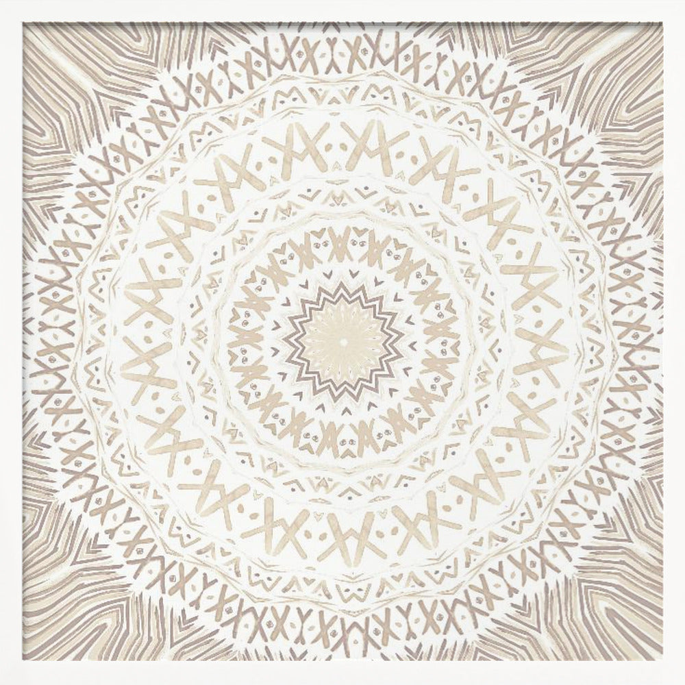 A framed square artwork featuring a detailed mandala design in neutral tones. The intricate pattern consists of concentric circles with geometric shapes like 'X's and chevrons, rendered in shades of beige and taupe on a white background, all enclosed in a light-colored wooden frame. Decor