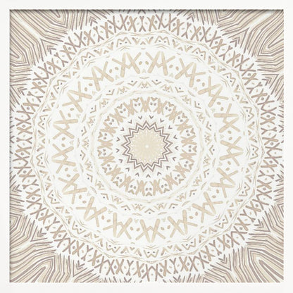 A framed square artwork featuring a detailed mandala design in neutral tones. The intricate pattern consists of concentric circles with geometric shapes like 'X's and chevrons, rendered in shades of beige and taupe on a white background, all enclosed in a light-colored wooden frame. Decor