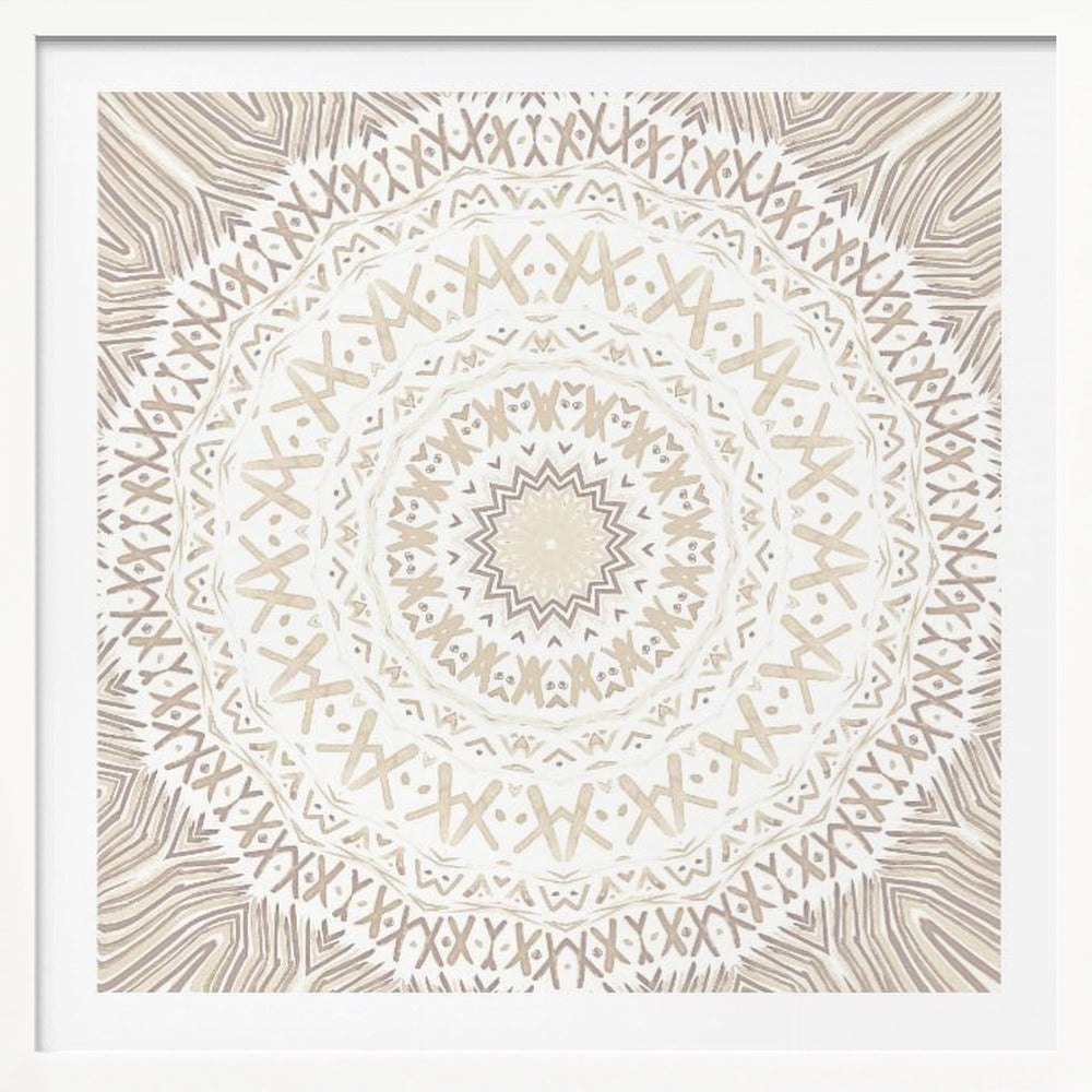 A framed square artwork featuring a detailed mandala design in neutral tones. The intricate pattern consists of concentric circles with geometric shapes like 'X's and chevrons, rendered in shades of beige and taupe on a white background, all enclosed in a light-colored wooden frame. Decor