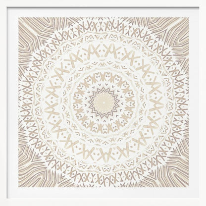 A framed square artwork featuring a detailed mandala design in neutral tones. The intricate pattern consists of concentric circles with geometric shapes like 'X's and chevrons, rendered in shades of beige and taupe on a white background, all enclosed in a light-colored wooden frame. Decor