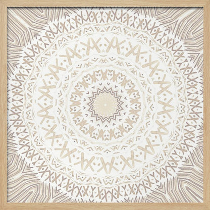 A framed square artwork featuring a detailed mandala design in neutral tones. The intricate pattern consists of concentric circles with geometric shapes like 'X's and chevrons, rendered in shades of beige and taupe on a white background, all enclosed in a light-colored wooden frame. Decor