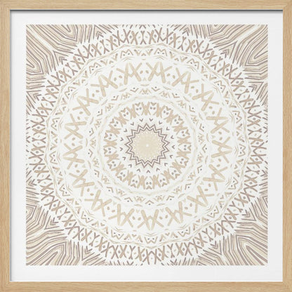 A framed square artwork featuring a detailed mandala design in neutral tones. The intricate pattern consists of concentric circles with geometric shapes like 'X's and chevrons, rendered in shades of beige and taupe on a white background, all enclosed in a light-colored wooden frame. Decor
