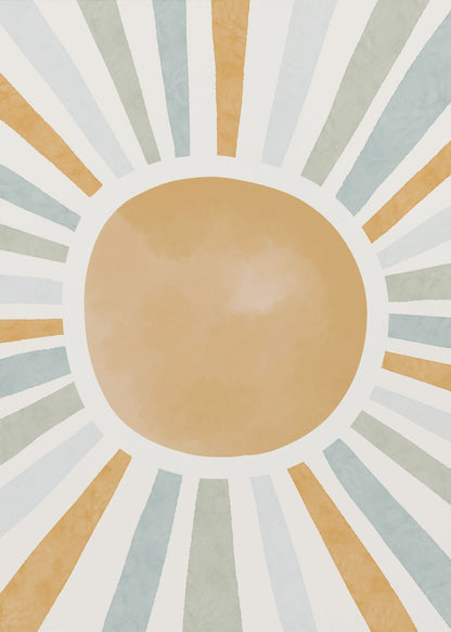 An abstract illustration of a large, mustard-yellow sun with radiating sunbeams. The beams are in alternating colors of yellow, sage green, and light blue, set against an off-white background. Wall Art