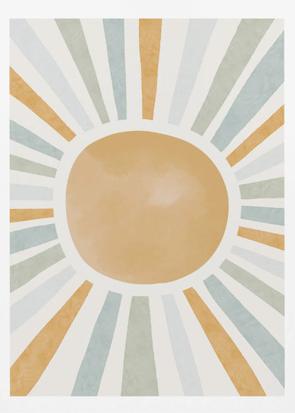 An abstract illustration of a large, mustard-yellow sun with radiating sunbeams. The beams are in alternating colors of yellow, sage green, and light blue, set against an off-white background. Wall Art