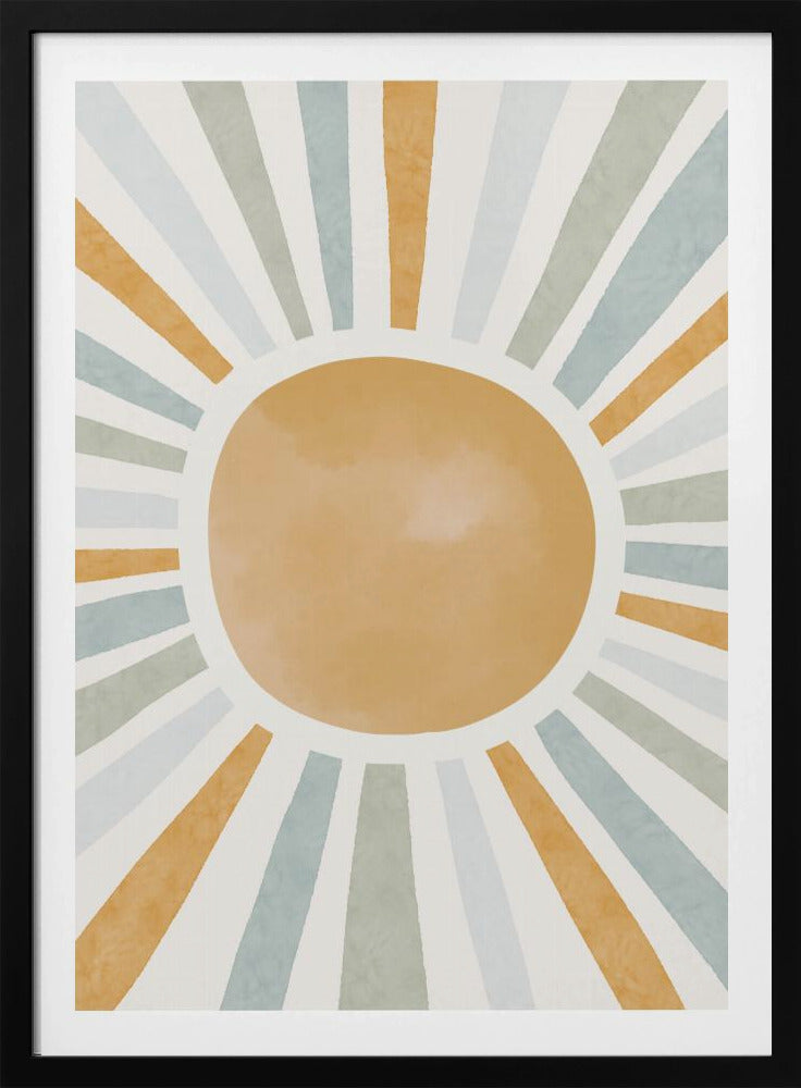 An abstract illustration of a large, mustard-yellow sun with radiating sunbeams. The beams are in alternating colors of yellow, sage green, and light blue, set against an off-white background. Wall Art