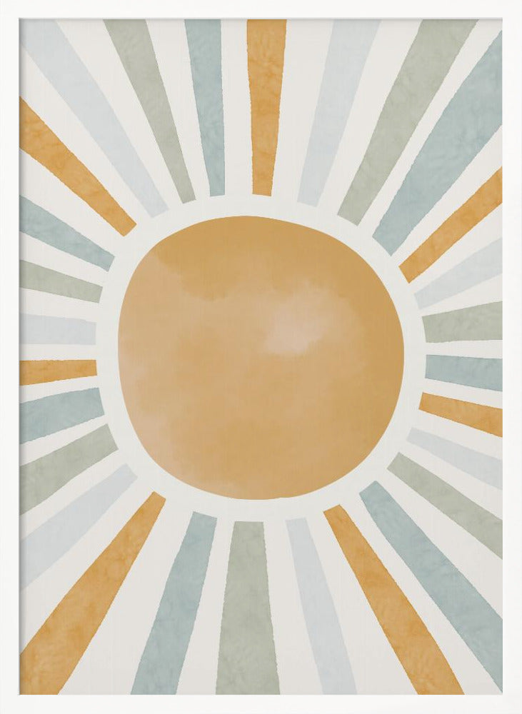 An abstract illustration of a large, mustard-yellow sun with radiating sunbeams. The beams are in alternating colors of yellow, sage green, and light blue, set against an off-white background. Wall Art