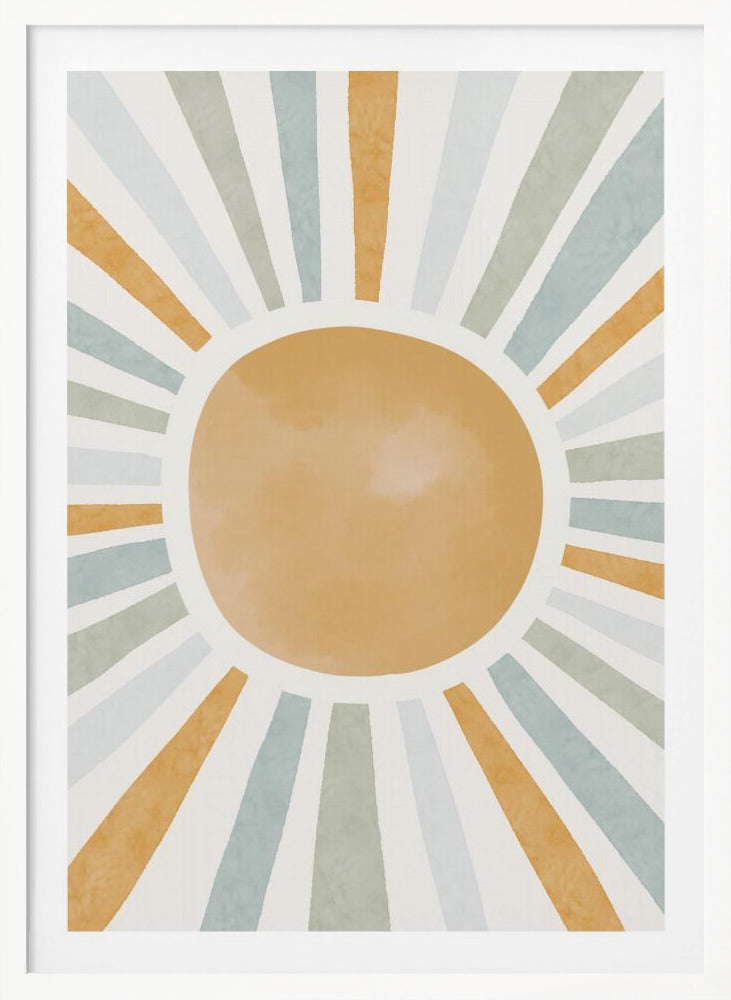 An abstract illustration of a large, mustard-yellow sun with radiating sunbeams. The beams are in alternating colors of yellow, sage green, and light blue, set against an off-white background. Wall Art