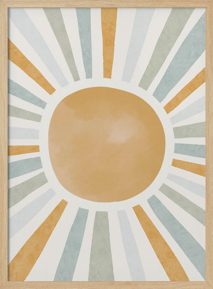 An abstract illustration of a large, mustard-yellow sun with radiating sunbeams. The beams are in alternating colors of yellow, sage green, and light blue, set against an off-white background. Wall Art