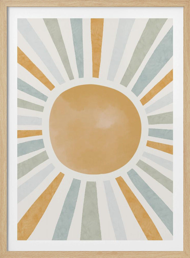 An abstract illustration of a large, mustard-yellow sun with radiating sunbeams. The beams are in alternating colors of yellow, sage green, and light blue, set against an off-white background. Wall Art