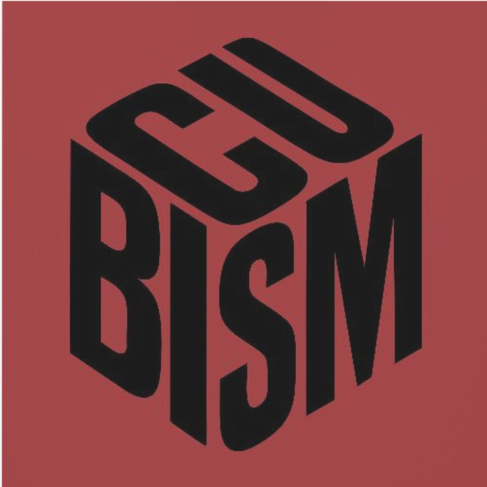 A graphic art print with a deep red background in a light wood frame. In the center, the word 'CUBISM' is rendered in bold black letters, arranged to form the three visible sides of an isometric cube. 'CU' is on the top face, 'BI' is on the left face, and 'SM' is on the right face. Artwork