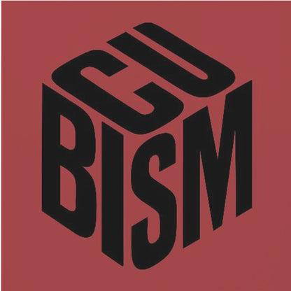 A graphic art print with a deep red background in a light wood frame. In the center, the word 'CUBISM' is rendered in bold black letters, arranged to form the three visible sides of an isometric cube. 'CU' is on the top face, 'BI' is on the left face, and 'SM' is on the right face. Artwork