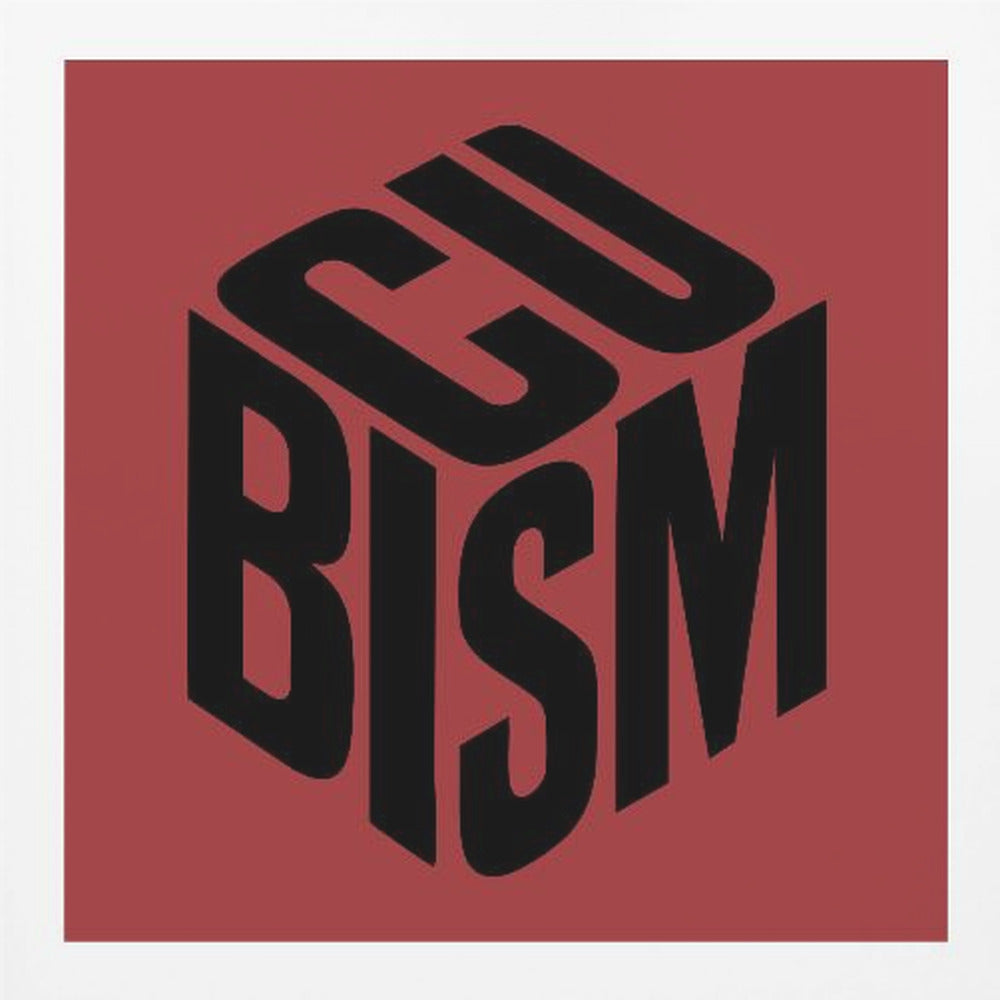 A graphic art print with a deep red background in a light wood frame. In the center, the word 'CUBISM' is rendered in bold black letters, arranged to form the three visible sides of an isometric cube. 'CU' is on the top face, 'BI' is on the left face, and 'SM' is on the right face. Artwork