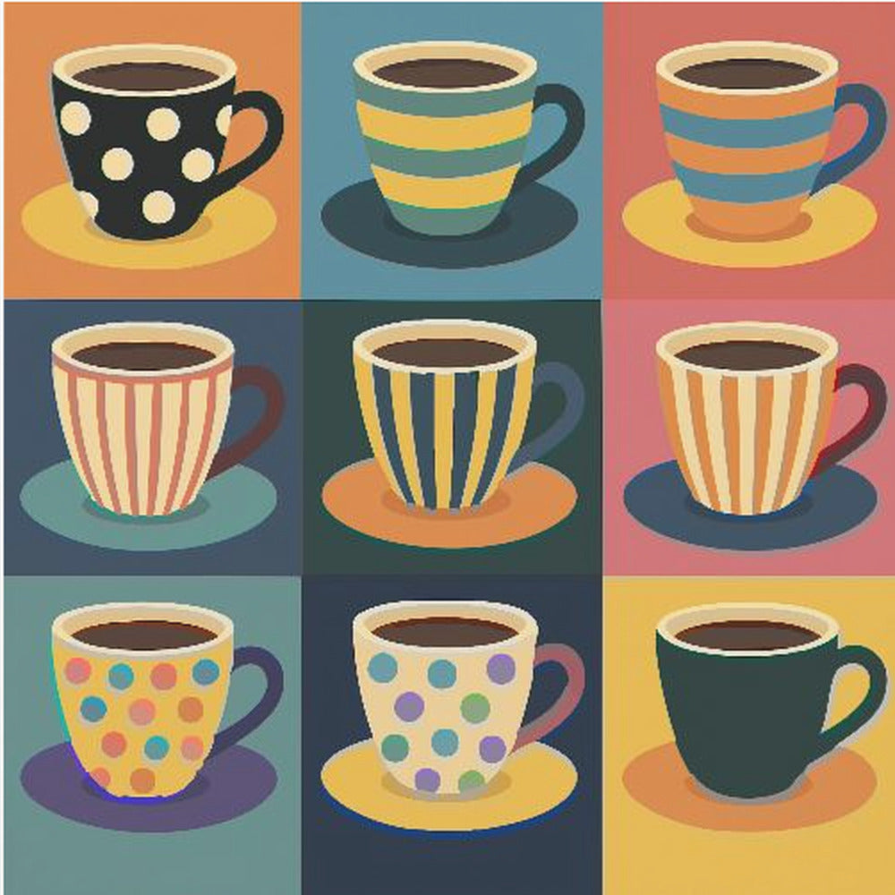 A framed pop art style illustration of nine coffee cups arranged in a 3x3 grid, each with a unique colorful pattern of stripes or polka dots against a different colored background square. Decor
