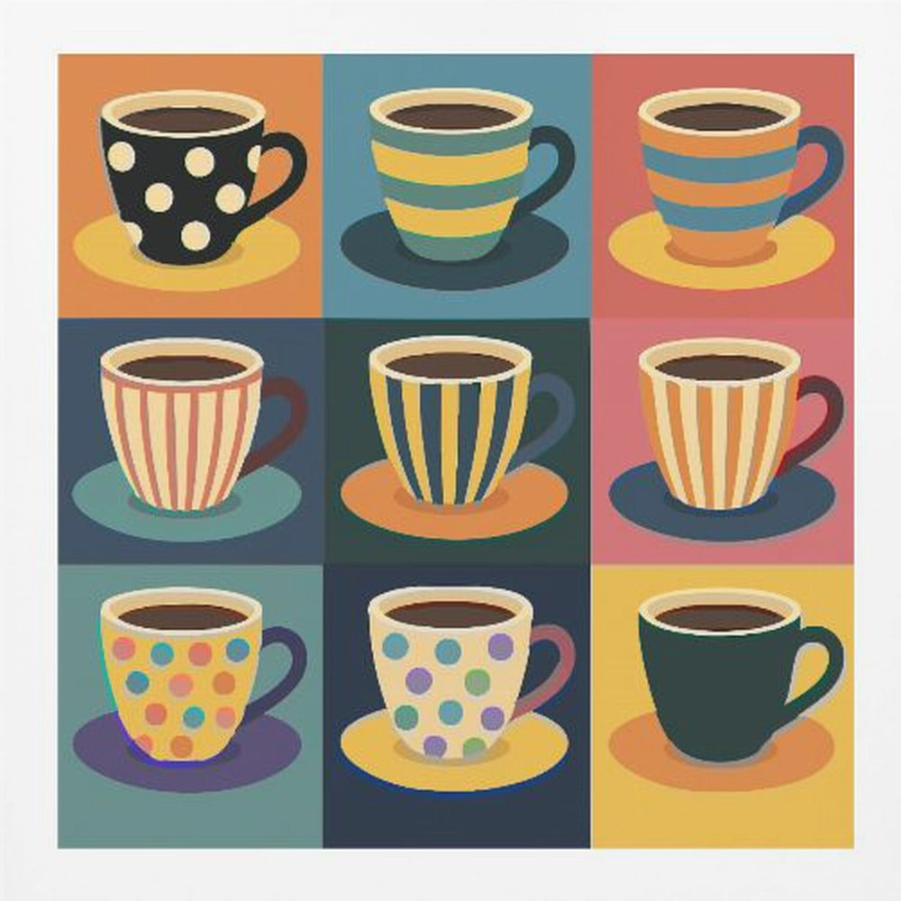 A framed pop art style illustration of nine coffee cups arranged in a 3x3 grid, each with a unique colorful pattern of stripes or polka dots against a different colored background square. Decor