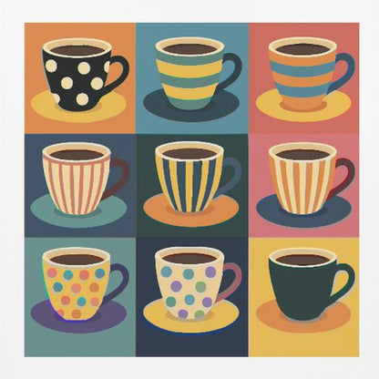 A framed pop art style illustration of nine coffee cups arranged in a 3x3 grid, each with a unique colorful pattern of stripes or polka dots against a different colored background square. Decor