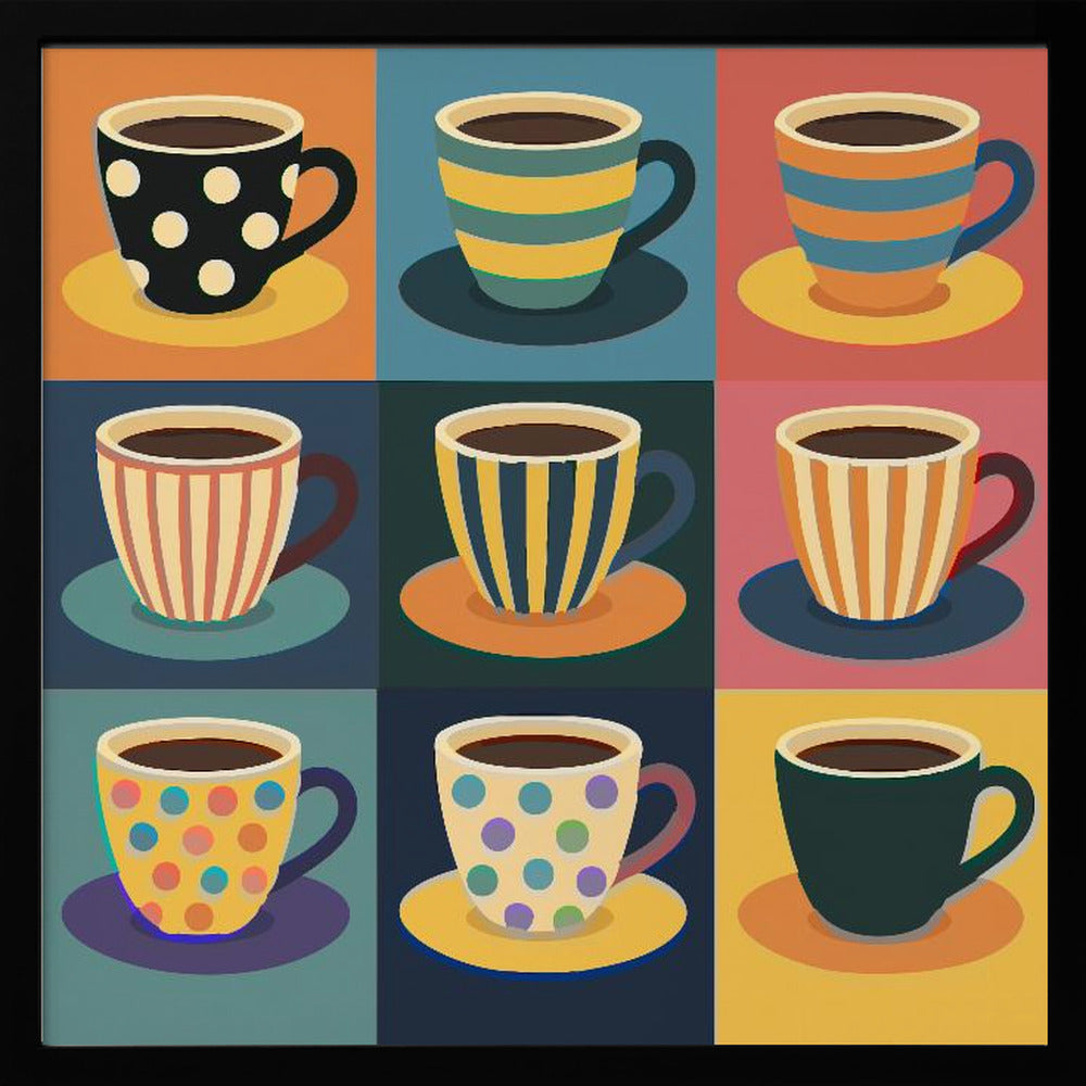 A framed pop art style illustration of nine coffee cups arranged in a 3x3 grid, each with a unique colorful pattern of stripes or polka dots against a different colored background square. Decor
