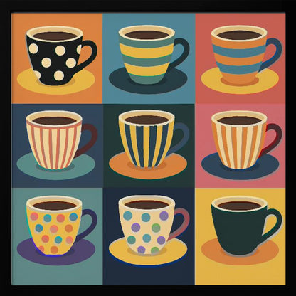 A framed pop art style illustration of nine coffee cups arranged in a 3x3 grid, each with a unique colorful pattern of stripes or polka dots against a different colored background square. Decor