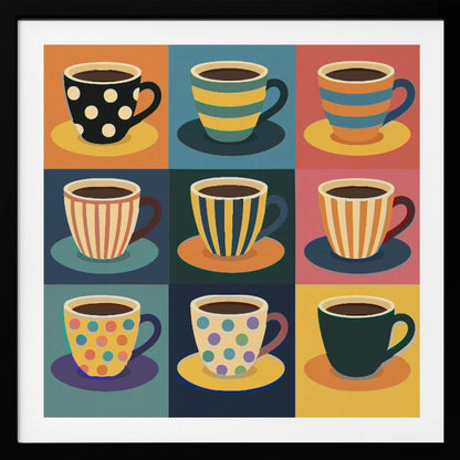 A framed pop art style illustration of nine coffee cups arranged in a 3x3 grid, each with a unique colorful pattern of stripes or polka dots against a different colored background square. Decor