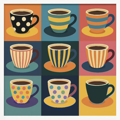 A framed pop art style illustration of nine coffee cups arranged in a 3x3 grid, each with a unique colorful pattern of stripes or polka dots against a different colored background square. Decor