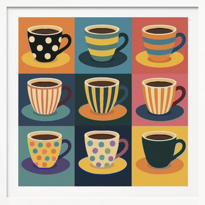 A framed pop art style illustration of nine coffee cups arranged in a 3x3 grid, each with a unique colorful pattern of stripes or polka dots against a different colored background square. Decor