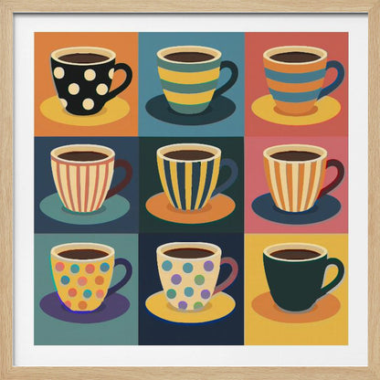 A framed pop art style illustration of nine coffee cups arranged in a 3x3 grid, each with a unique colorful pattern of stripes or polka dots against a different colored background square. Decor