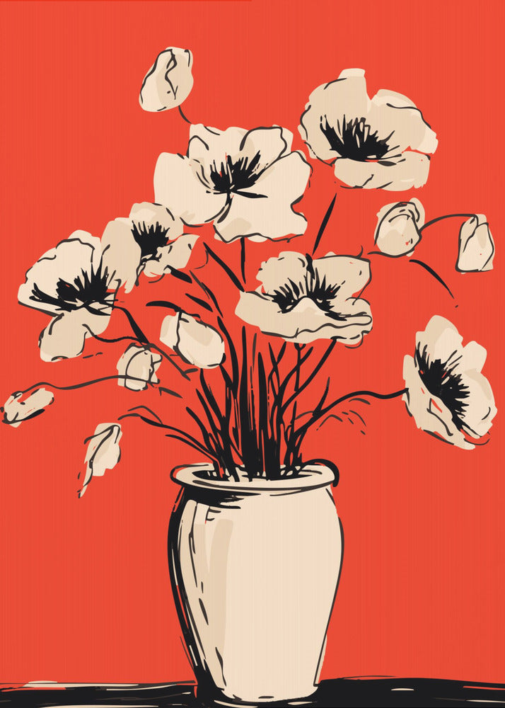 A graphic illustration of a bouquet of cream-colored poppies in a vase against a solid, vibrant red background. The flowers, stems, and vase are rendered with bold, sketchy black lines, creating a high-contrast and modern still-life composition. Print
