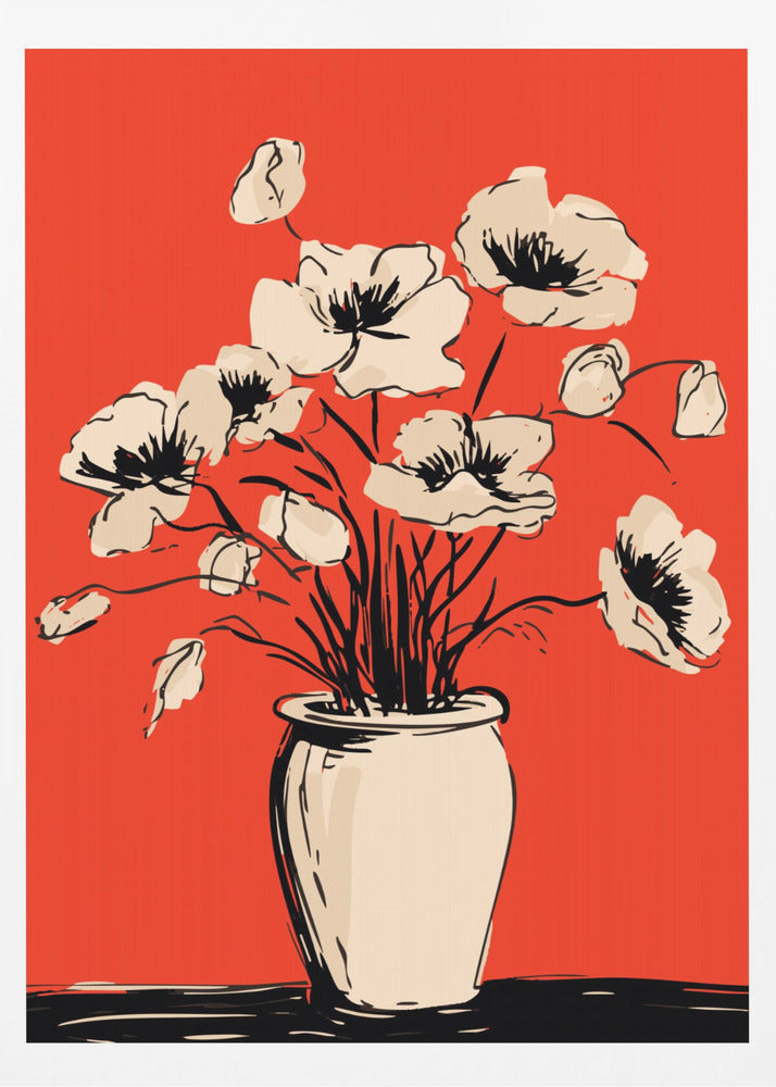 A graphic illustration of a bouquet of cream-colored poppies in a vase against a solid, vibrant red background. The flowers, stems, and vase are rendered with bold, sketchy black lines, creating a high-contrast and modern still-life composition. Print