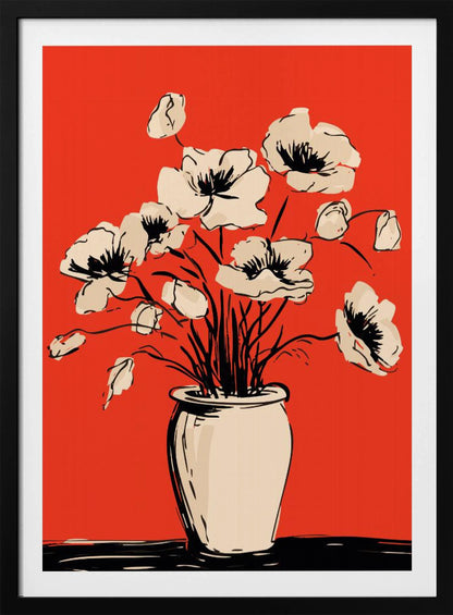 A graphic illustration of a bouquet of cream-colored poppies in a vase against a solid, vibrant red background. The flowers, stems, and vase are rendered with bold, sketchy black lines, creating a high-contrast and modern still-life composition. Print