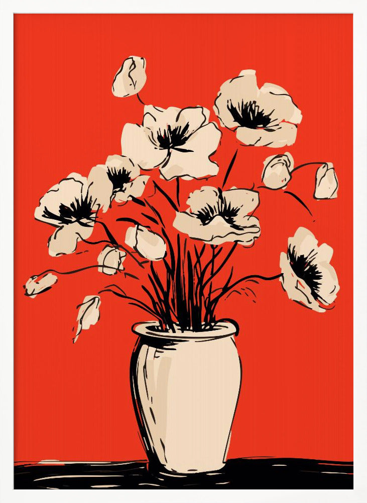 A graphic illustration of a bouquet of cream-colored poppies in a vase against a solid, vibrant red background. The flowers, stems, and vase are rendered with bold, sketchy black lines, creating a high-contrast and modern still-life composition. Print