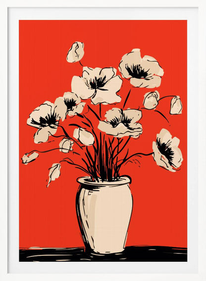 A graphic illustration of a bouquet of cream-colored poppies in a vase against a solid, vibrant red background. The flowers, stems, and vase are rendered with bold, sketchy black lines, creating a high-contrast and modern still-life composition. Print