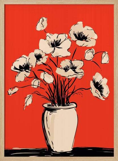A graphic illustration of a bouquet of cream-colored poppies in a vase against a solid, vibrant red background. The flowers, stems, and vase are rendered with bold, sketchy black lines, creating a high-contrast and modern still-life composition. Print