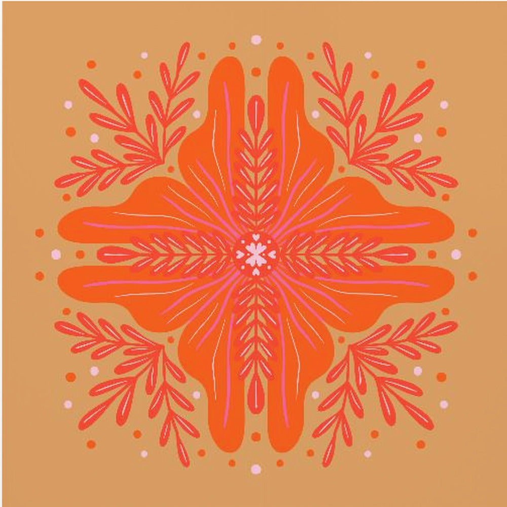 A square, framed artwork featuring a symmetrical, abstract floral design in the style of a mandala. The central element is a vibrant orange flower with intricate pink and red details, set against a warm, mustard-orange background. The design is surrounded by red leafy branches and decorative dots. Decor
