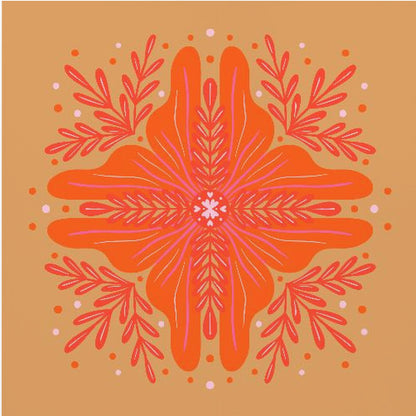 A square, framed artwork featuring a symmetrical, abstract floral design in the style of a mandala. The central element is a vibrant orange flower with intricate pink and red details, set against a warm, mustard-orange background. The design is surrounded by red leafy branches and decorative dots. Decor