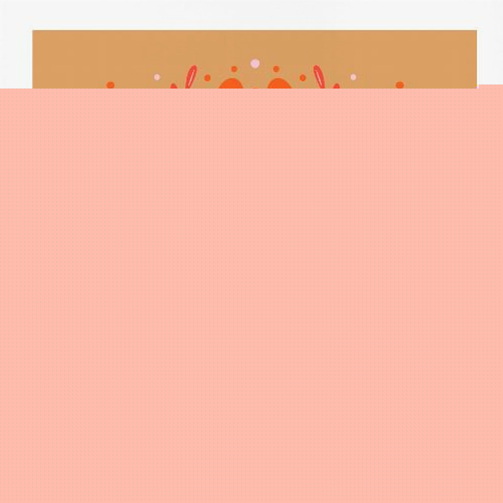 A square, framed artwork featuring a symmetrical, abstract floral design in the style of a mandala. The central element is a vibrant orange flower with intricate pink and red details, set against a warm, mustard-orange background. The design is surrounded by red leafy branches and decorative dots. Decor