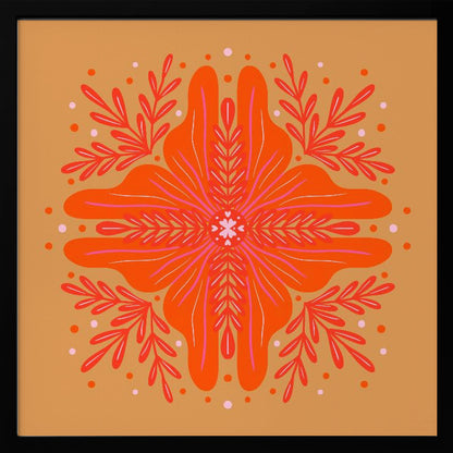 A square, framed artwork featuring a symmetrical, abstract floral design in the style of a mandala. The central element is a vibrant orange flower with intricate pink and red details, set against a warm, mustard-orange background. The design is surrounded by red leafy branches and decorative dots. Decor