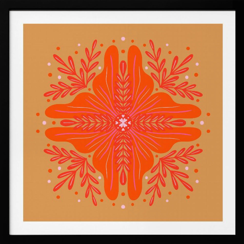 A square, framed artwork featuring a symmetrical, abstract floral design in the style of a mandala. The central element is a vibrant orange flower with intricate pink and red details, set against a warm, mustard-orange background. The design is surrounded by red leafy branches and decorative dots. Decor