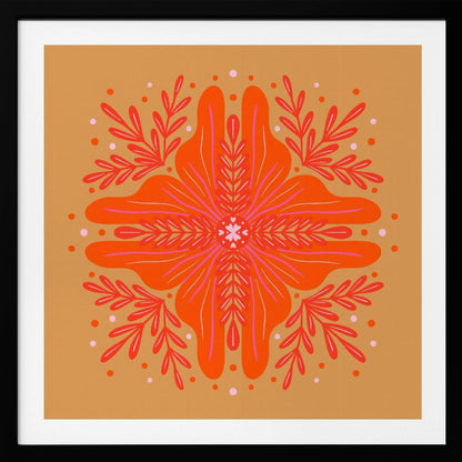 A square, framed artwork featuring a symmetrical, abstract floral design in the style of a mandala. The central element is a vibrant orange flower with intricate pink and red details, set against a warm, mustard-orange background. The design is surrounded by red leafy branches and decorative dots. Decor