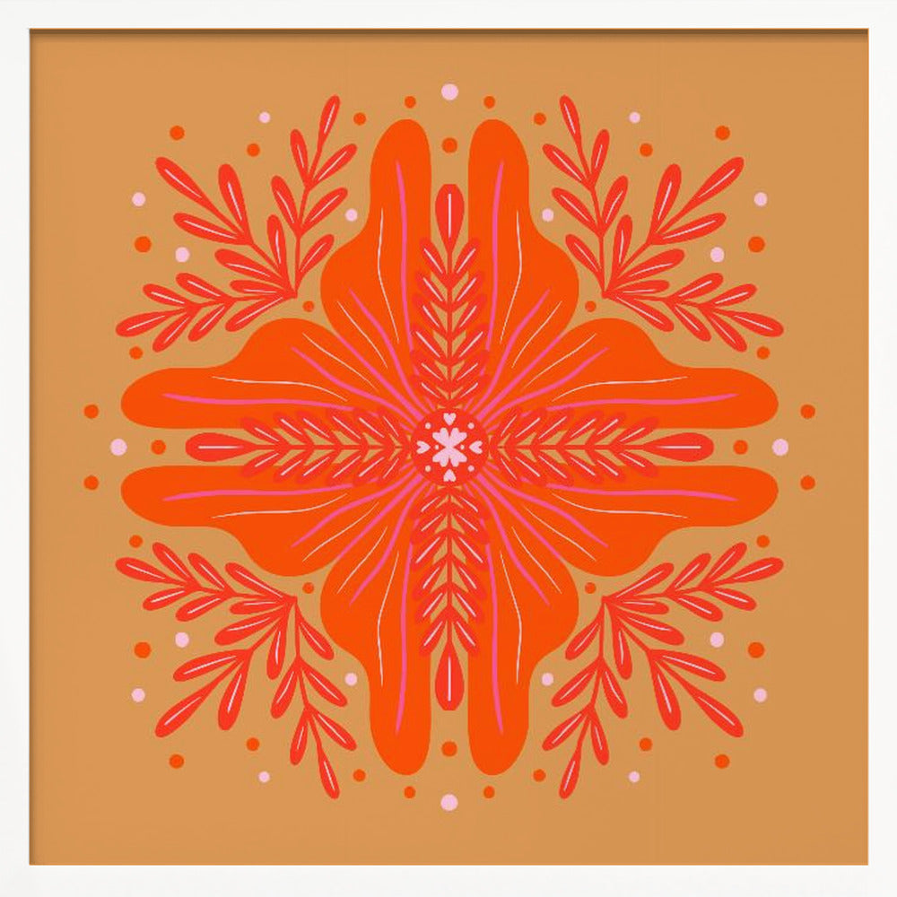 A square, framed artwork featuring a symmetrical, abstract floral design in the style of a mandala. The central element is a vibrant orange flower with intricate pink and red details, set against a warm, mustard-orange background. The design is surrounded by red leafy branches and decorative dots. Decor