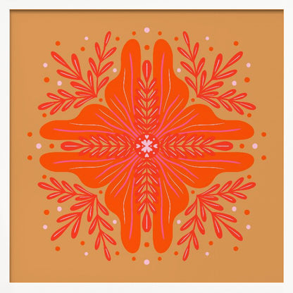 A square, framed artwork featuring a symmetrical, abstract floral design in the style of a mandala. The central element is a vibrant orange flower with intricate pink and red details, set against a warm, mustard-orange background. The design is surrounded by red leafy branches and decorative dots. Decor