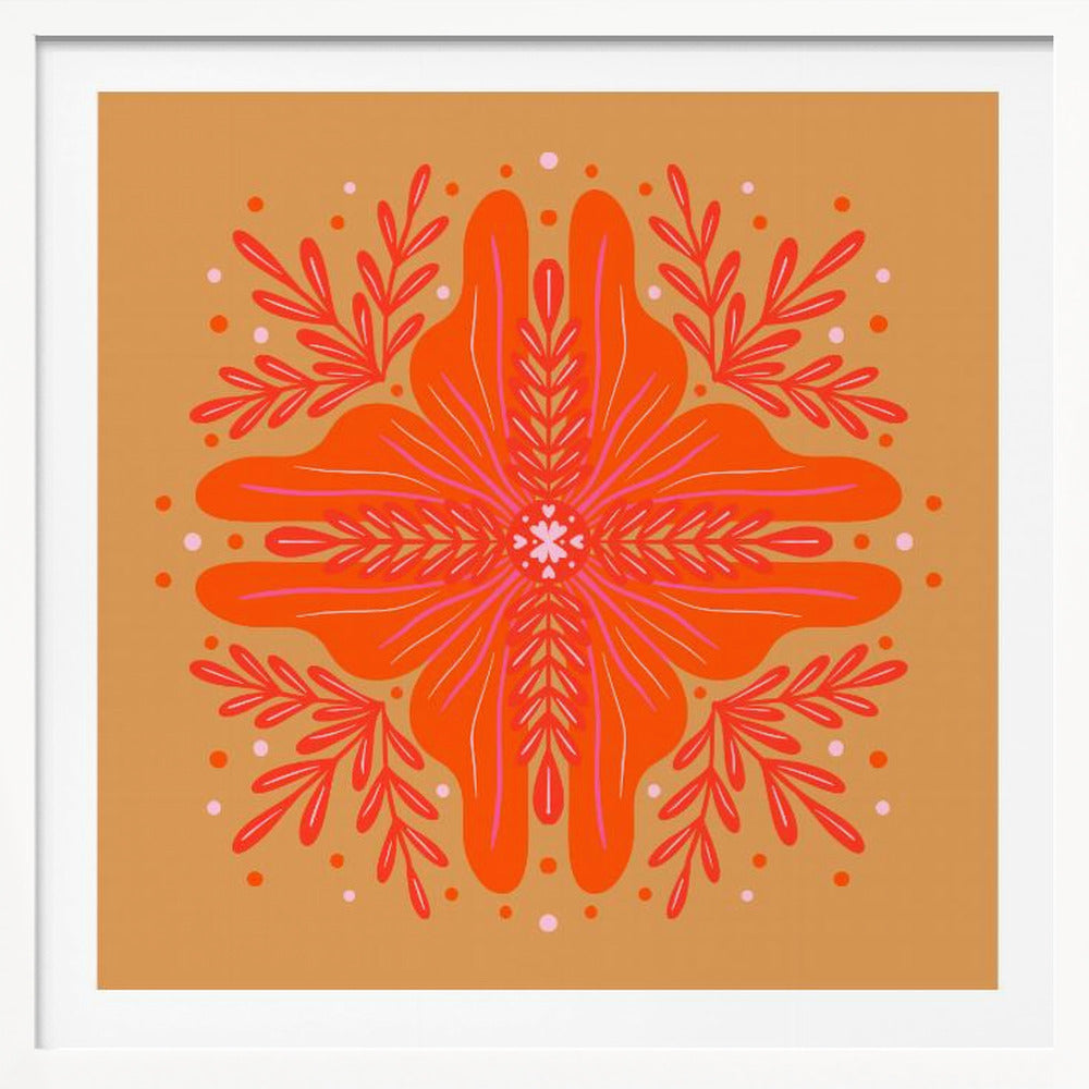 A square, framed artwork featuring a symmetrical, abstract floral design in the style of a mandala. The central element is a vibrant orange flower with intricate pink and red details, set against a warm, mustard-orange background. The design is surrounded by red leafy branches and decorative dots. Decor