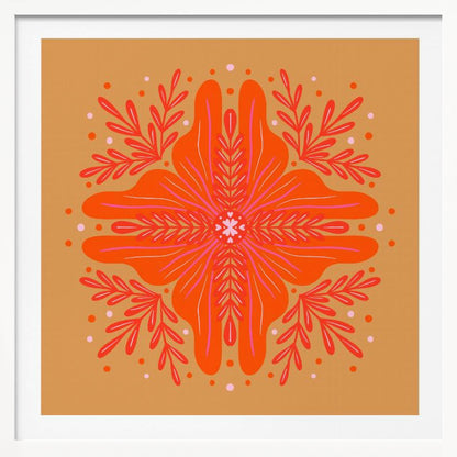 A square, framed artwork featuring a symmetrical, abstract floral design in the style of a mandala. The central element is a vibrant orange flower with intricate pink and red details, set against a warm, mustard-orange background. The design is surrounded by red leafy branches and decorative dots. Decor