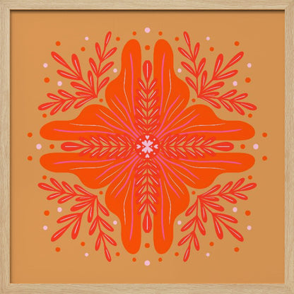 A square, framed artwork featuring a symmetrical, abstract floral design in the style of a mandala. The central element is a vibrant orange flower with intricate pink and red details, set against a warm, mustard-orange background. The design is surrounded by red leafy branches and decorative dots. Decor