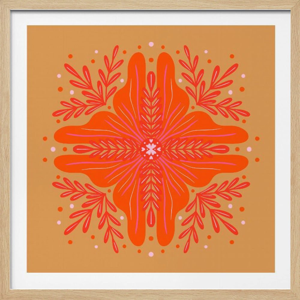 A square, framed artwork featuring a symmetrical, abstract floral design in the style of a mandala. The central element is a vibrant orange flower with intricate pink and red details, set against a warm, mustard-orange background. The design is surrounded by red leafy branches and decorative dots. Decor